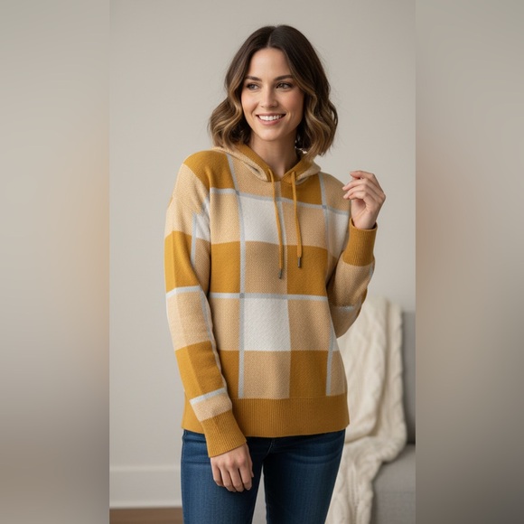 RACHEL Rachel Roy Tops - RACHEL Rachel Roy Mustard‎ Yellow Plaid Hooded Knit Sweater Size M Cottagecore